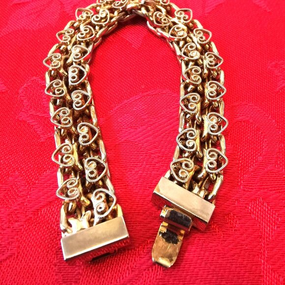 Gold Tone Multi Strand Bracelet Fancy Square Link Filigree Heart 1960s Size Smal - Picture 3 of 6